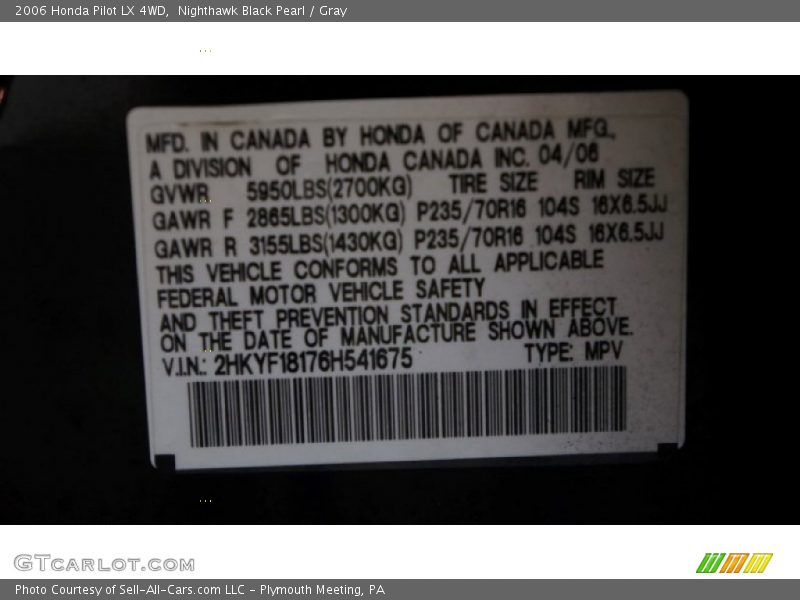 Nighthawk Black Pearl / Gray 2006 Honda Pilot LX 4WD