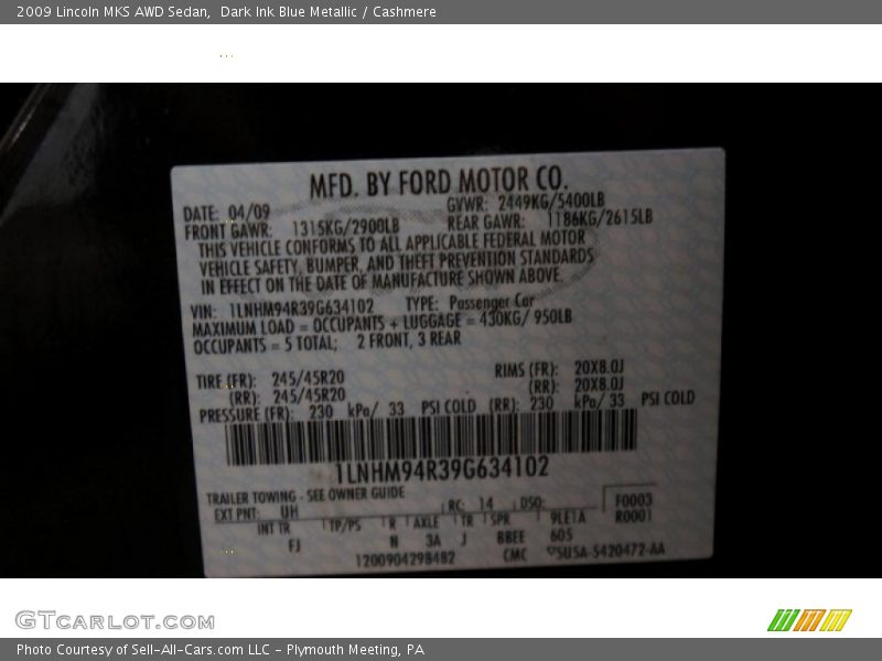 Dark Ink Blue Metallic / Cashmere 2009 Lincoln MKS AWD Sedan