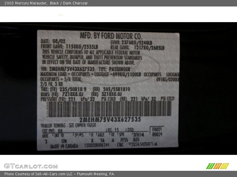 2003 Marauder  Black Color Code UA