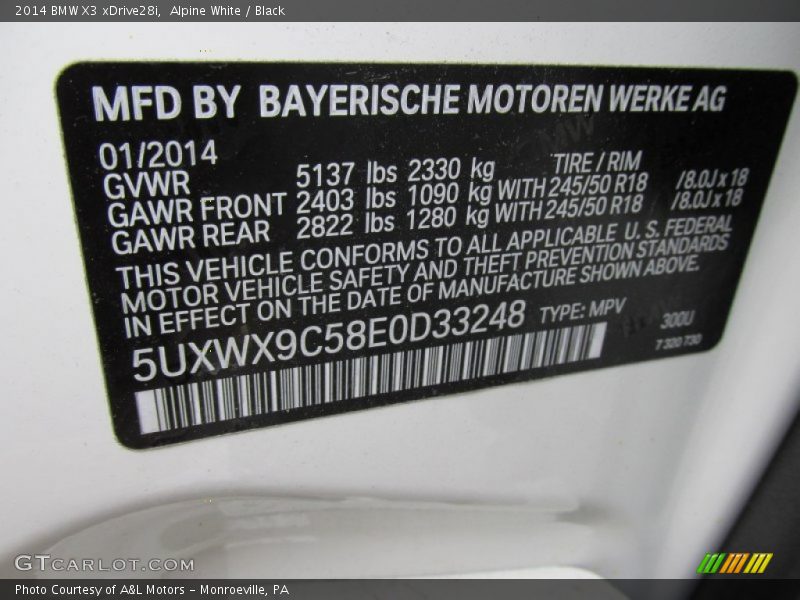 Alpine White / Black 2014 BMW X3 xDrive28i