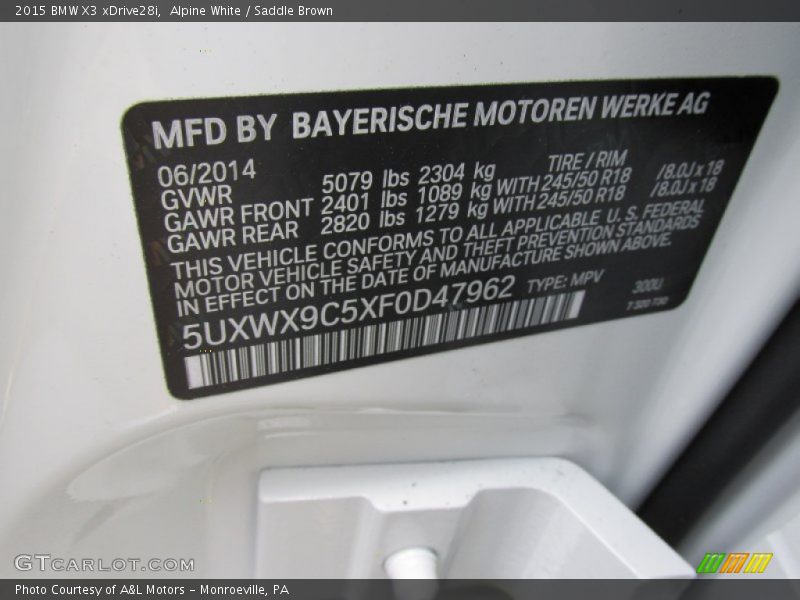 Alpine White / Saddle Brown 2015 BMW X3 xDrive28i