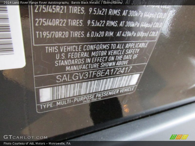 Info Tag of 2014 Range Rover Autobiography