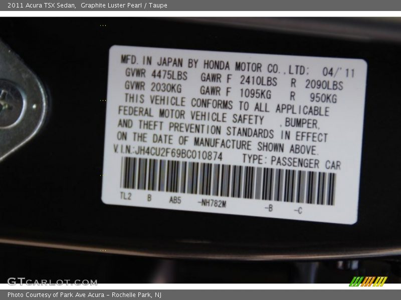 Graphite Luster Pearl / Taupe 2011 Acura TSX Sedan