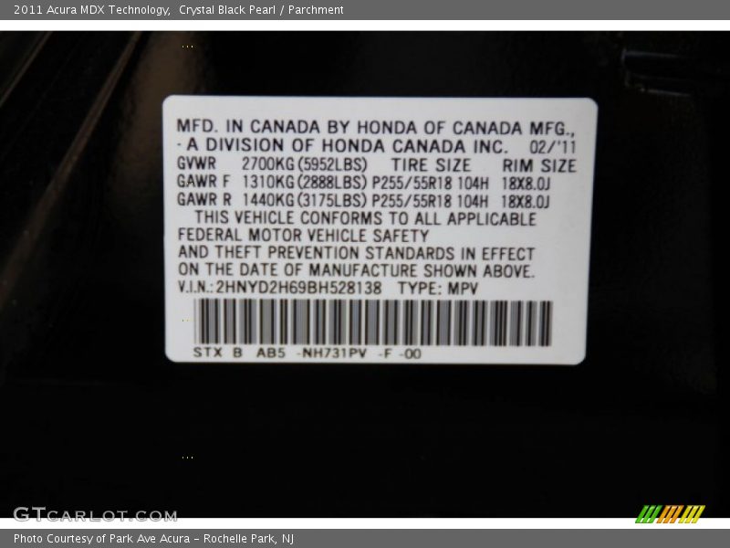 Crystal Black Pearl / Parchment 2011 Acura MDX Technology