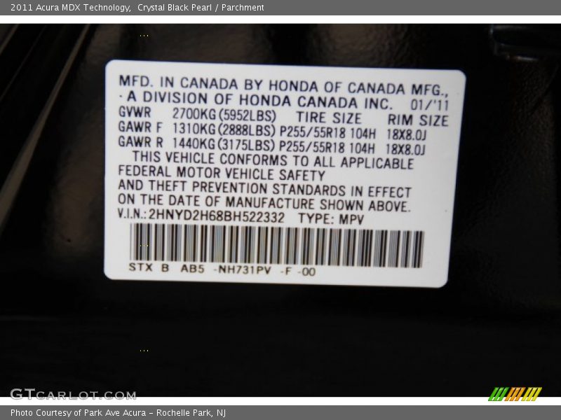Crystal Black Pearl / Parchment 2011 Acura MDX Technology