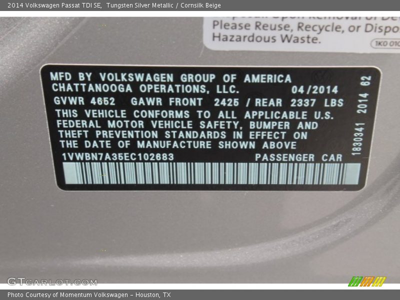 Tungsten Silver Metallic / Cornsilk Beige 2014 Volkswagen Passat TDI SE