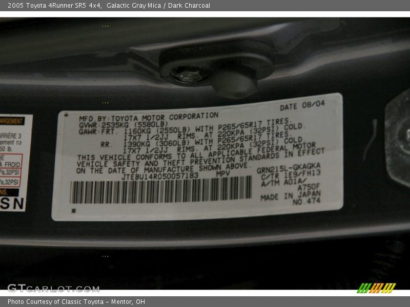 Galactic Gray Mica / Dark Charcoal 2005 Toyota 4Runner SR5 4x4