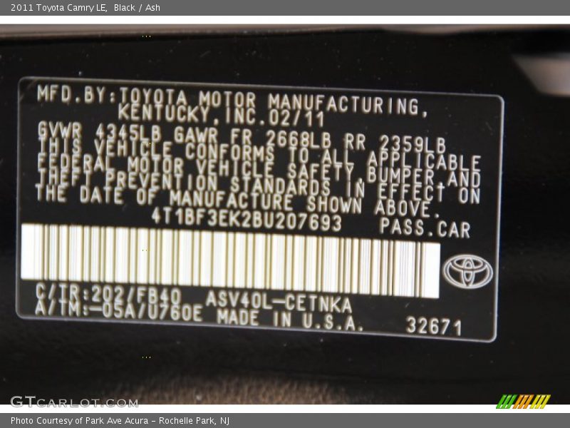Black / Ash 2011 Toyota Camry LE