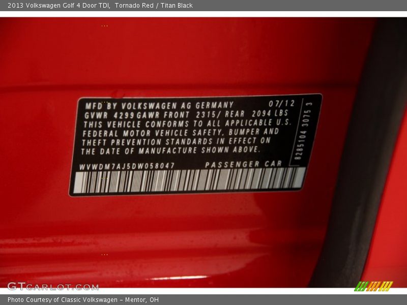 Tornado Red / Titan Black 2013 Volkswagen Golf 4 Door TDI