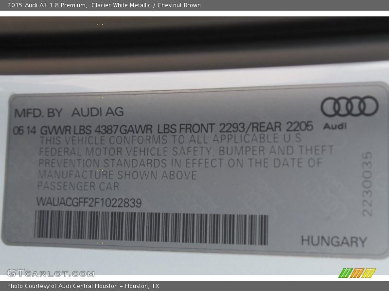 Glacier White Metallic / Chestnut Brown 2015 Audi A3 1.8 Premium