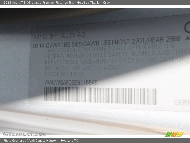 Ice Silver Metallic / Titanium Gray 2014 Audi A7 3.0T quattro Premium Plus