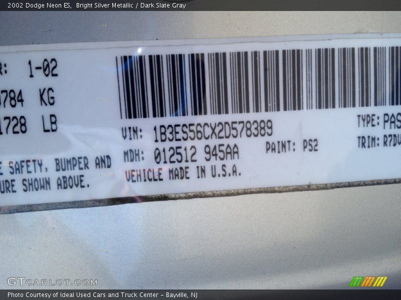 Bright Silver Metallic / Dark Slate Gray 2002 Dodge Neon ES