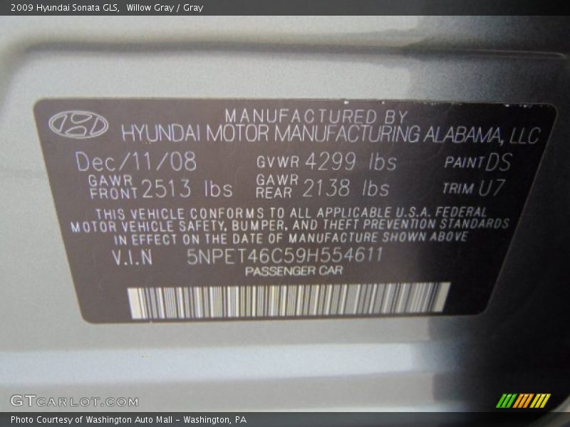 Willow Gray / Gray 2009 Hyundai Sonata GLS