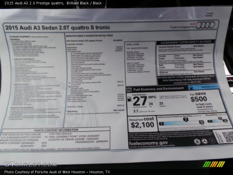  2015 A3 2.0 Prestige quattro Window Sticker