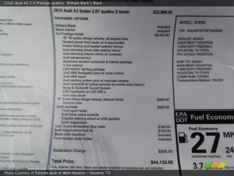  2015 A3 2.0 Prestige quattro Window Sticker