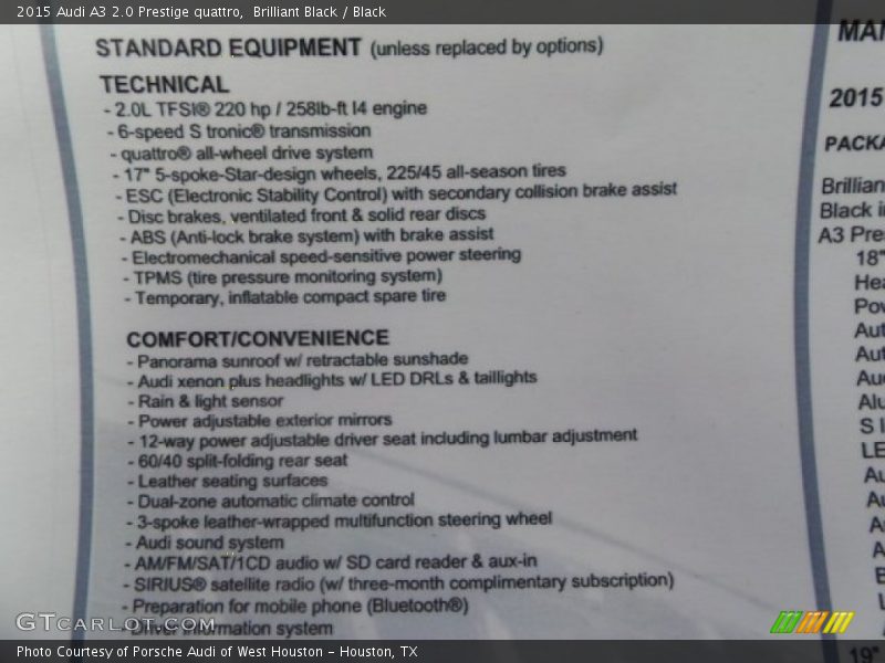  2015 A3 2.0 Prestige quattro Window Sticker