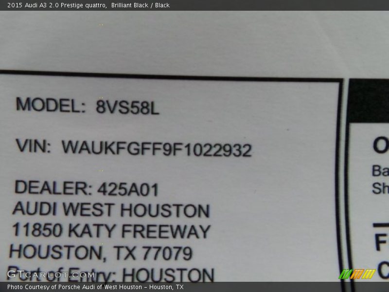 Brilliant Black / Black 2015 Audi A3 2.0 Prestige quattro