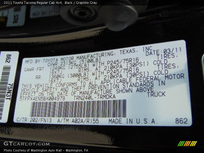 Black / Graphite Gray 2011 Toyota Tacoma Regular Cab 4x4
