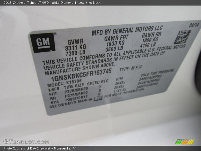 White Diamond Tricoat / Jet Black 2015 Chevrolet Tahoe LT 4WD