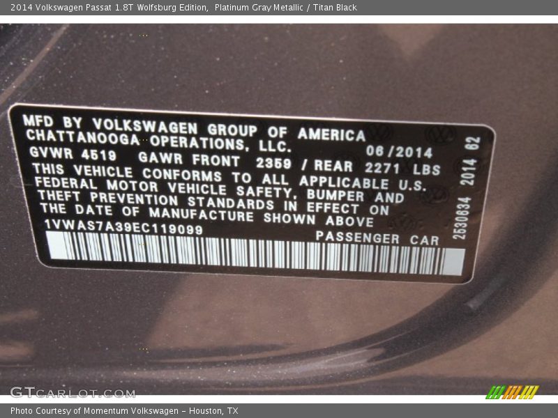 Platinum Gray Metallic / Titan Black 2014 Volkswagen Passat 1.8T Wolfsburg Edition