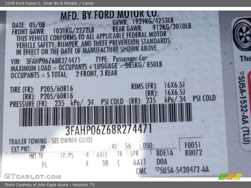 Silver Birch Metallic / Camel 2008 Ford Fusion S