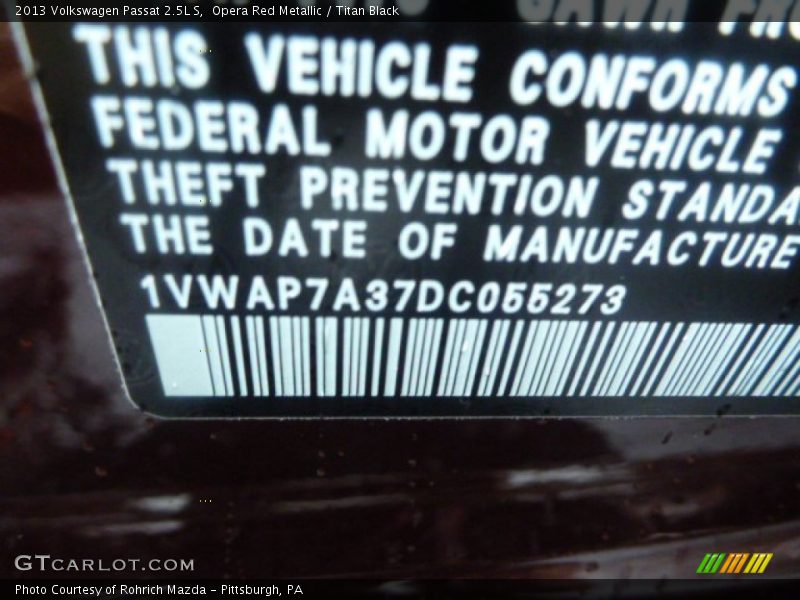 Opera Red Metallic / Titan Black 2013 Volkswagen Passat 2.5L S