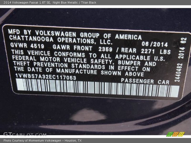 Night Blue Metallic / Titan Black 2014 Volkswagen Passat 1.8T SE