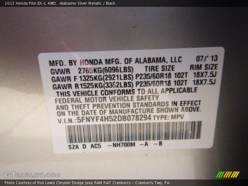 Alabaster Silver Metallic / Black 2013 Honda Pilot EX-L 4WD