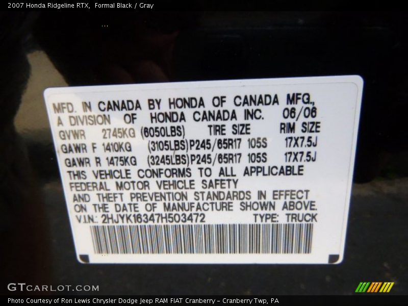 Formal Black / Gray 2007 Honda Ridgeline RTX