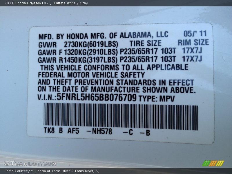 Taffeta White / Gray 2011 Honda Odyssey EX-L