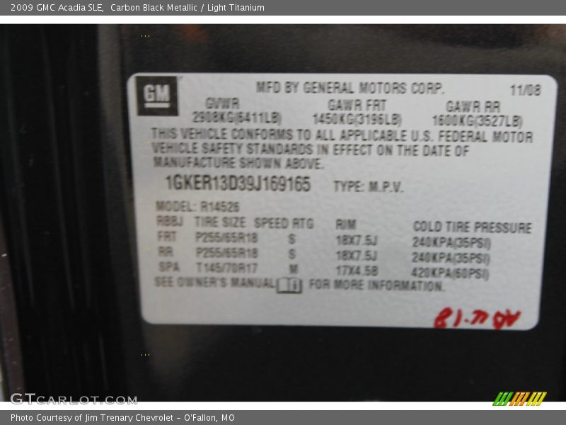 Carbon Black Metallic / Light Titanium 2009 GMC Acadia SLE