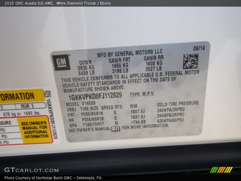 White Diamond Tricoat / Ebony 2015 GMC Acadia SLE AWD