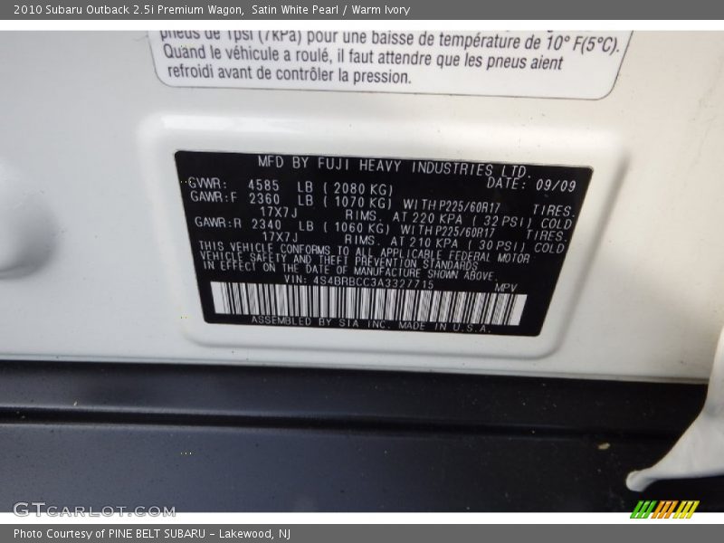 Satin White Pearl / Warm Ivory 2010 Subaru Outback 2.5i Premium Wagon