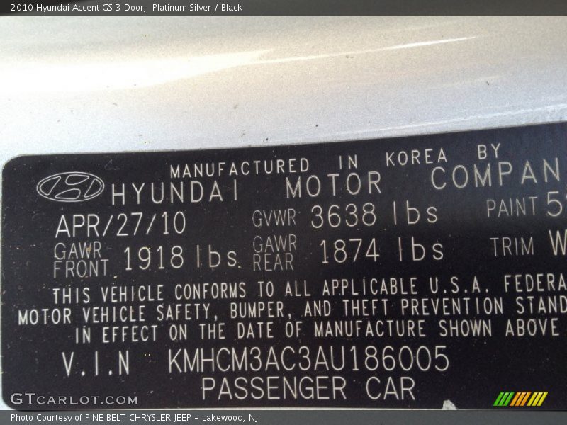 Platinum Silver / Black 2010 Hyundai Accent GS 3 Door