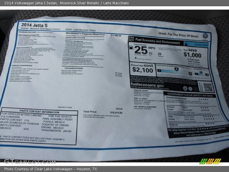  2014 Jetta S Sedan Window Sticker
