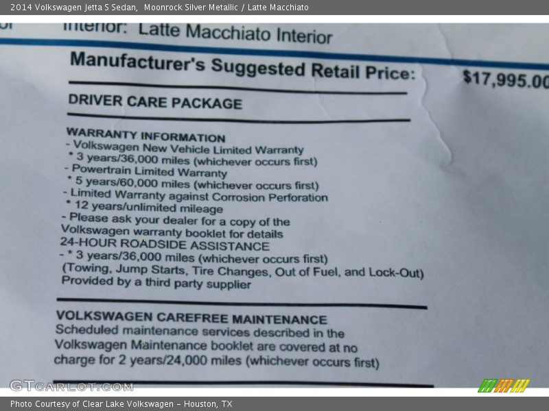  2014 Jetta S Sedan Window Sticker