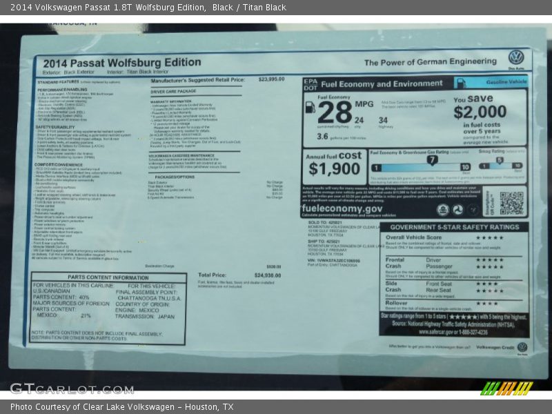 Black / Titan Black 2014 Volkswagen Passat 1.8T Wolfsburg Edition