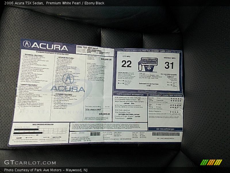  2006 TSX Sedan Window Sticker