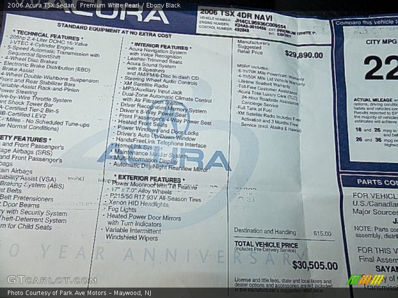  2006 TSX Sedan Window Sticker