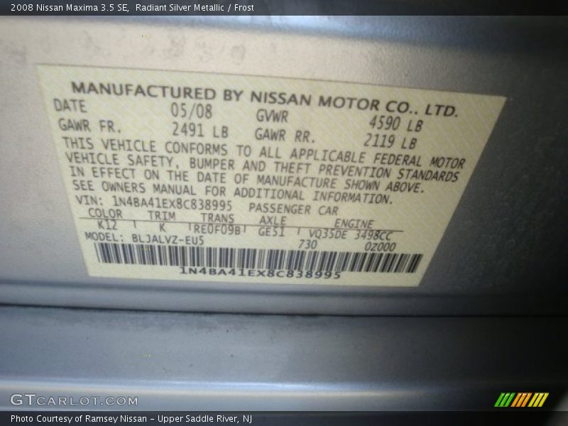 Radiant Silver Metallic / Frost 2008 Nissan Maxima 3.5 SE