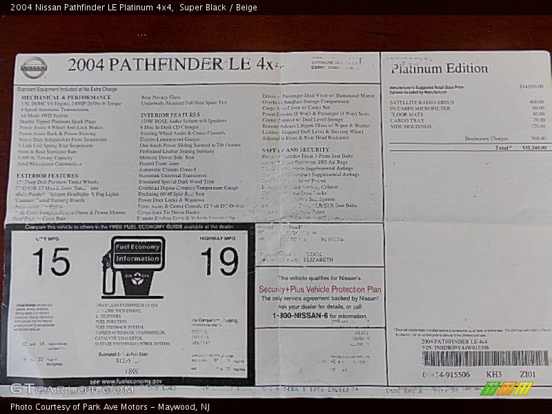 Super Black / Beige 2004 Nissan Pathfinder LE Platinum 4x4