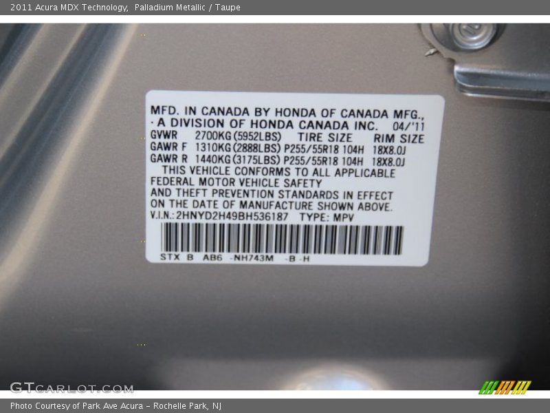 Palladium Metallic / Taupe 2011 Acura MDX Technology