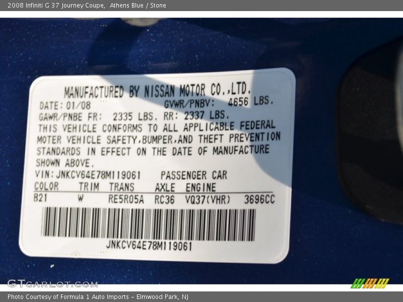 Athens Blue / Stone 2008 Infiniti G 37 Journey Coupe