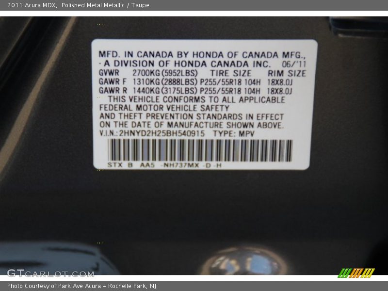 Polished Metal Metallic / Taupe 2011 Acura MDX