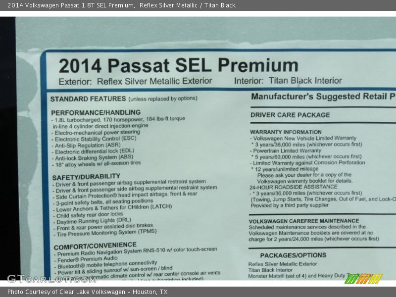 Reflex Silver Metallic / Titan Black 2014 Volkswagen Passat 1.8T SEL Premium