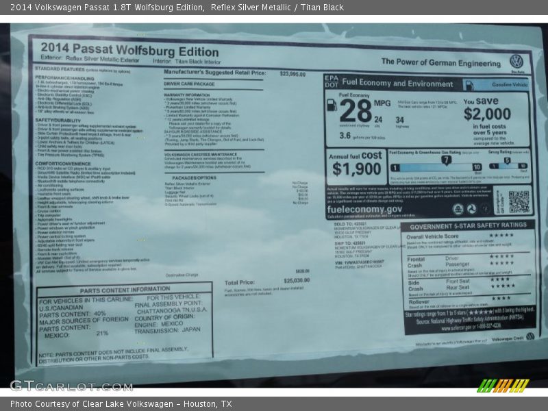  2014 Passat 1.8T Wolfsburg Edition Window Sticker