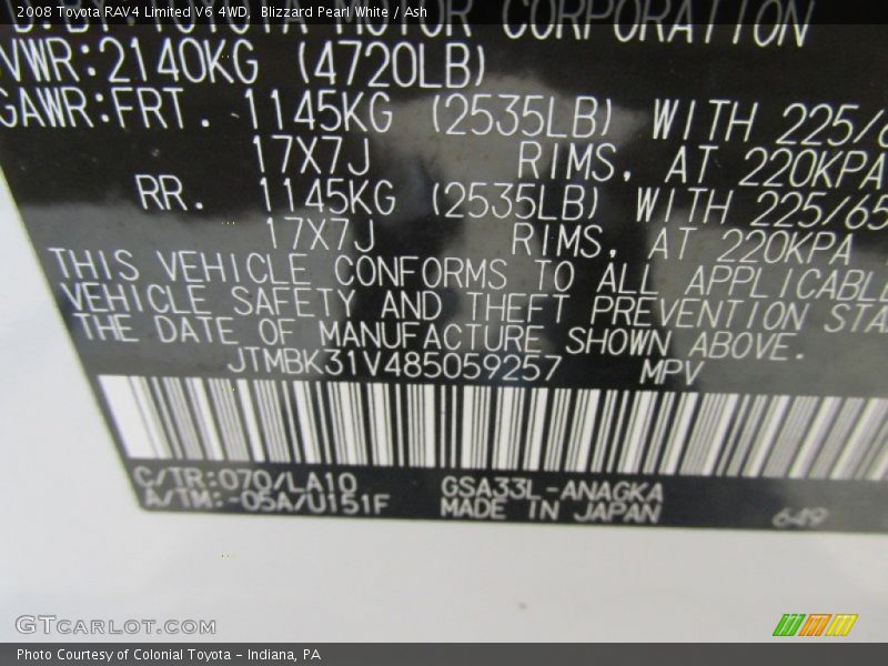 Blizzard Pearl White / Ash 2008 Toyota RAV4 Limited V6 4WD