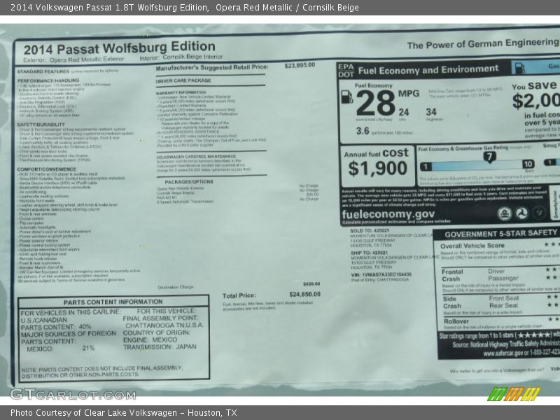 Opera Red Metallic / Cornsilk Beige 2014 Volkswagen Passat 1.8T Wolfsburg Edition