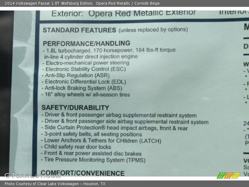 Opera Red Metallic / Cornsilk Beige 2014 Volkswagen Passat 1.8T Wolfsburg Edition