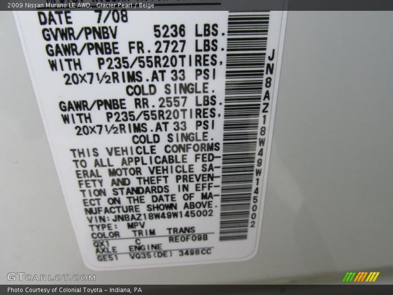 Glacier Pearl / Beige 2009 Nissan Murano LE AWD
